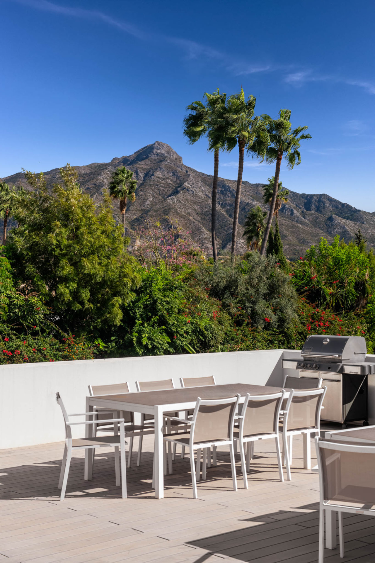 Terrace dining and barbecue area with a mountain backdrop.